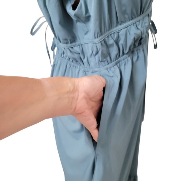 Halara Size XL Stone Blue Breezeful Deep V Neck Butterfly Sleeve Midi Dress NEW - Picture 7 of 11